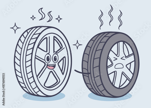 Isometric illustration of old and young tires, showing age differences with detailed designs, ideal for automotive concepts.