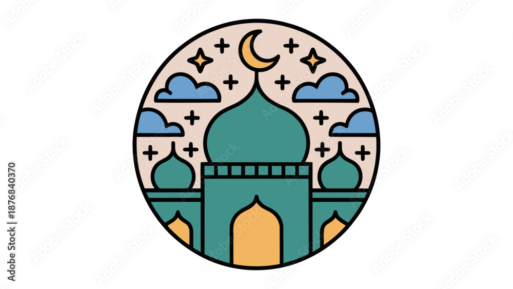 Obraz premium Emblem of Faith and Serenity: A beautifully crafted emblem showcases a mosque, symbolizing a beacon of faith, nestled beneath a crescent moon and stars, within a serene circular frame.
