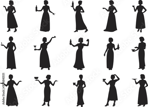 Elegant woman silhouette set, black serving poses, drinkware and tray icons, hospitality gesture illustration, formal character graphic