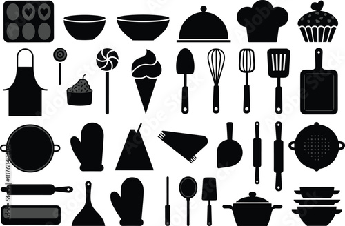 Baking and kitchen tool silhouette set, black culinary icons, dessert utensils graphic, cooking equipment illustration, food prep design elements