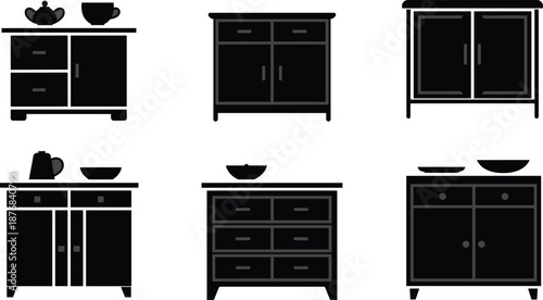 Kitchen cabinet silhouette set, black furniture icons, sideboard and cupboard graphics, interior decor illustration, culinary storage design