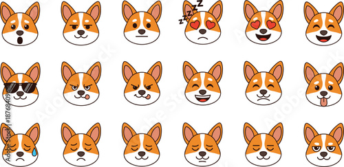 Cute Corgi Dog Face Emoji Set with Multiple Facial Expressions for Stickers, Apps, Social Media, UI, and Vector Design Projects