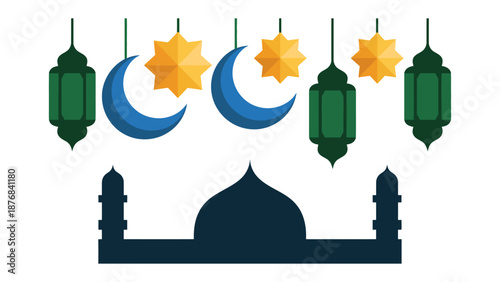 Islamic Mosque Illustration: A serene illustration depicts the silhouette of a mosque, complemented by ornate lanterns, crescent moons, and star, representing cultural and religious celebrations.