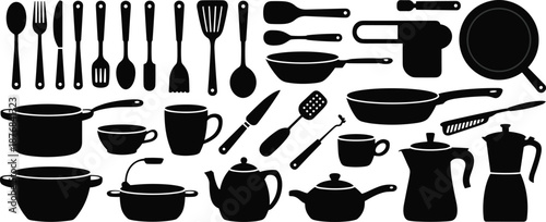Kitchen utensil silhouette set, cooking tools illustration, black cookware icons, culinary equipment graphic, food prep design, chef tool layout