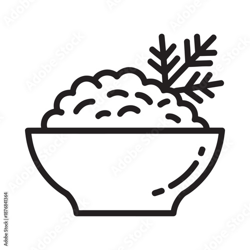 a bowl of rice with a sprig of rosemary