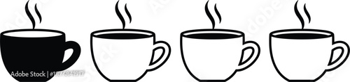 Set of coffee cup icons with steam in solid black and outline styles isolated on white for cafe restaurant.