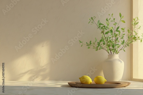 Minimalist interior still life with lemons vase of green leaves and sunlight