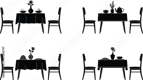 Table setting illustration, dining decor sketch, minimalist meal layout, flower vase centerpiece, kitchenware arrangement, hospitality design concept