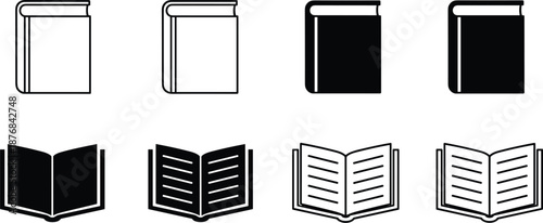 Set of book icons featuring open pages closed covers and stacked volumes in outline and silhouette styles for education.