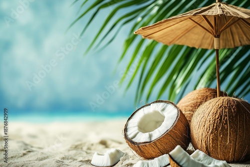 Illustration of tropical beach with coconut and sun umbrella. Creative minimal summer idea.