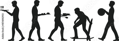 Waitstaff silhouette illustration set, dynamic tray carrying poses, black hospitality icons, food service action graphic, restaurant staff design