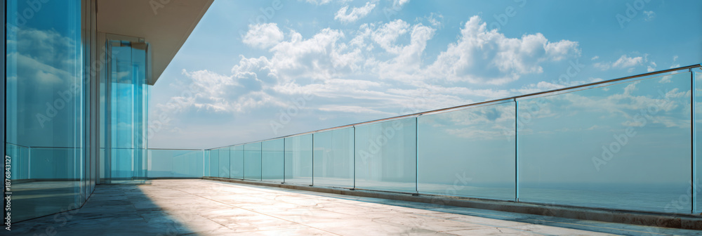 Fototapeta premium This modern house features a transparent glass terrace railing that provides a clear view. The open space allows natural light to fill the area and enhance the simple design, banner