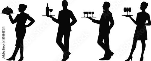 Waitstaff silhouette illustration set, tray service poses, black hospitality icons, beverage presentation graphic, catering staff design, restaurant service art