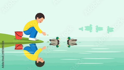A Boy Feeding Ducks At The Pond With Bucket Cartoon Illustration Concept