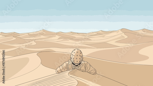 A Lone Traveler Rests On A Sandy Dune In The Vast Desert Landscape