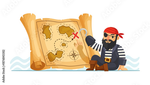 A Pirate Examines A Treasure Map Pointing To The Final Destination Illustration