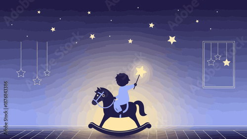 A Child's Dream On A Rocking Horse Under A Starry Night Sky