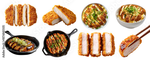 Set of tonkatsu katsu pork chicken breaded Deep-fried meat cutlet, skillet pan, chopstick, with egg rice bowl sauce, stack pile slice broken bite, transparent cutout PNG. Many different style mockup