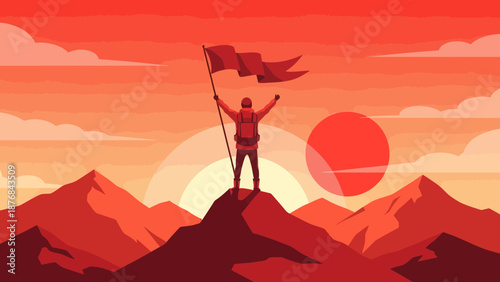 Achieving Goals Man Standing on Mountain Peak with Flag at Sunset