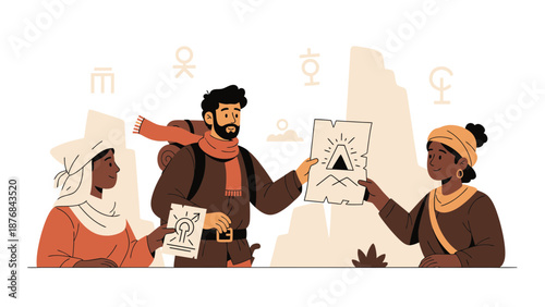 Adventure Seekers Sharing Treasure Maps In Desert Landscape Exploration Journey