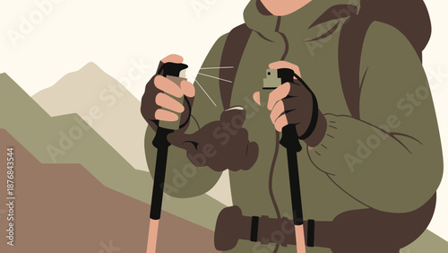 Adventurer Adjusting His Trekking Poles In A Mountainous Landscape With Minimalist Art Style