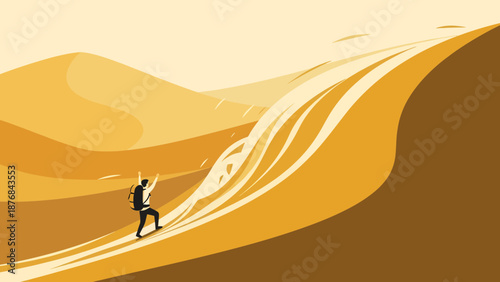 Achieving Heights Tourist Reaching Desert Sand Top With Backpack