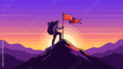 Achieving Success: Climber Reaching Mountain Top With Flag at Sunset