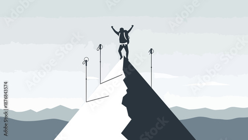 Achieving Peak: Silhouette of Hiker Celebrating Success on Mountain Top