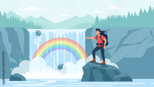 Adventure Seeker Reaching Waterfall With Rainbow In Flat Vector Illustration