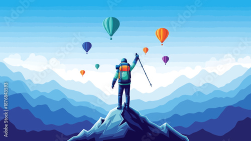 Achieving Heights: Hiker Stands Victorious Amidst Scenic Mountain Views and Balloons