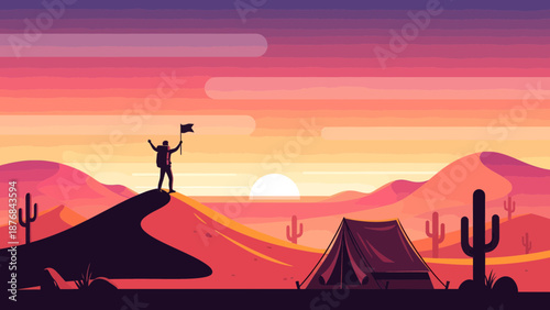 Achieving Success In Desert Trekking After A Long Hike With Camping Under Sunset