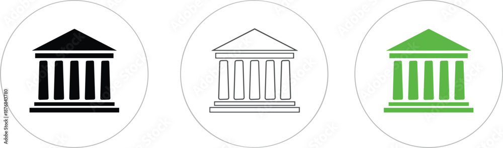 Obraz premium Set of bank and courthouse icons in black outline and green solid styles isolated on white for financial.