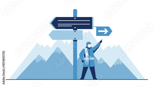 Adventurer Chooses His Path Among Mountainous Terrain With Strategic Signpost