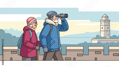 Active Seniors Explore Scenic Coastal Town With Binoculars And Walking Stick
