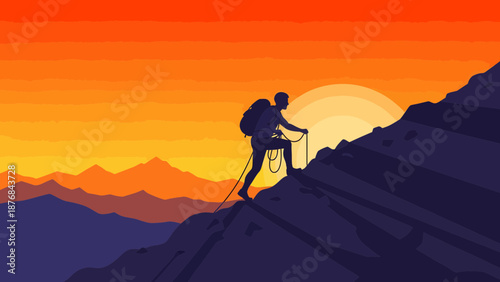 Adventurer Climbs Mountain Reaching Sunlight At Beautiful Sunset View