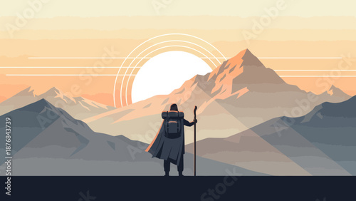 Adventurer Contemplates Mountain Range During Sunrise Minimalist Style Vector Image