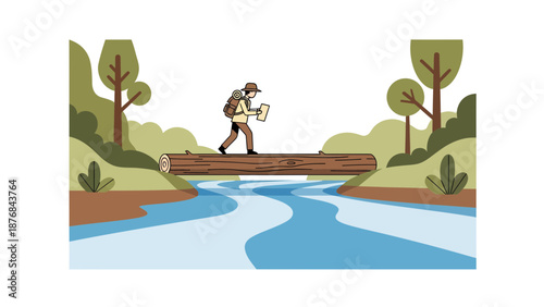 Adventurer Crossing River On Fallen Tree Log In Forest Illustration
