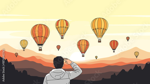 Admiring Hot Air Balloons During Sunrise Landscape Concept Illustration
