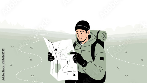 Adventurer Determines A Hiking Route Using A Topographic Map On An Expedition Day