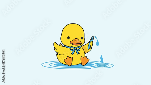 Adorable Duckling With Crayon Sitting In A Puddle Vector Illustration
