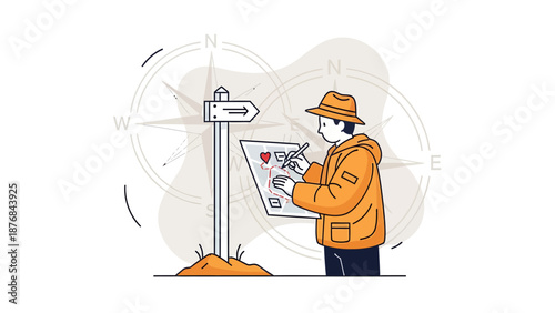 Adventurer Drawing A Treasure Map Near A Directional Sign Illustration
