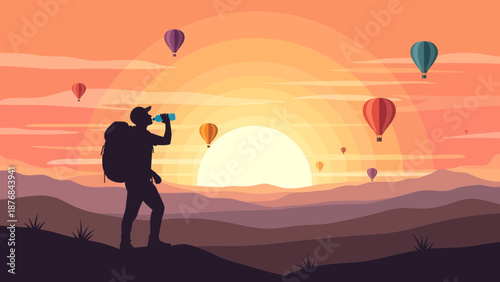 Adventurer Drinking Water With Hot Air Balloons On A Sunset Landscape