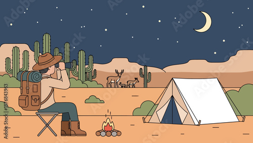 Adventurer Enjoying Desert Landscape At Night While Camping Under Starry Sky
