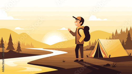 Adventurer Enjoying Peaceful Camping In Scenic Landscape At Sunset Vector Illustration