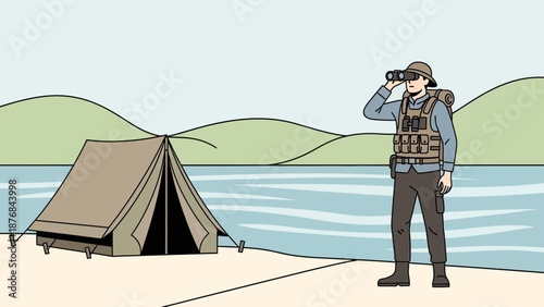 Adventurer Enjoys Camping Trip While Observing Nature With Binoculars