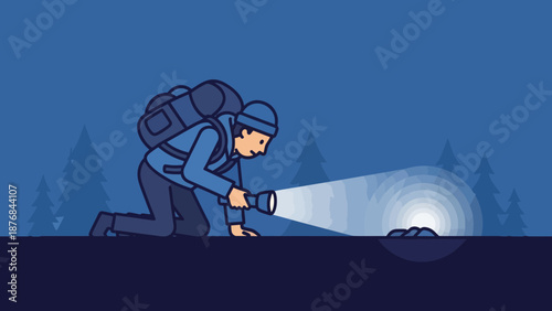 Adventurer Exploring A Dark Cave With Flashlight During A Night Expedition