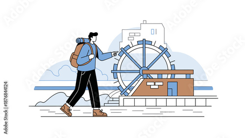 Adventurer Exploring Landmark Watermill on His Journey Backpacker Vector Illustration