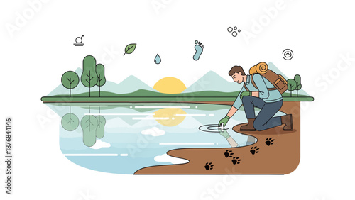 Adventurer Exploring Natural Landscape Touching Water In Serene Environment