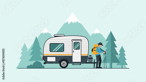 Adventurer Exploring Nature With His Rv In The Mountains On Vacation