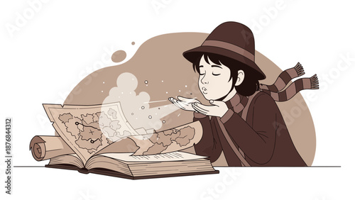 Adventure Awaits Mysterious Journey With Map Book And Girl Fantasy Illustration